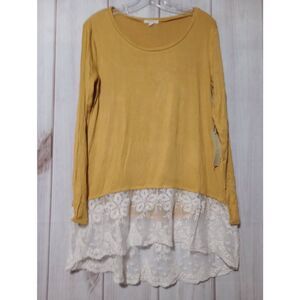 Me and U Shirt Ladies Medium Yellow White Lace Tunic‎ Long Sleeve Light Weight